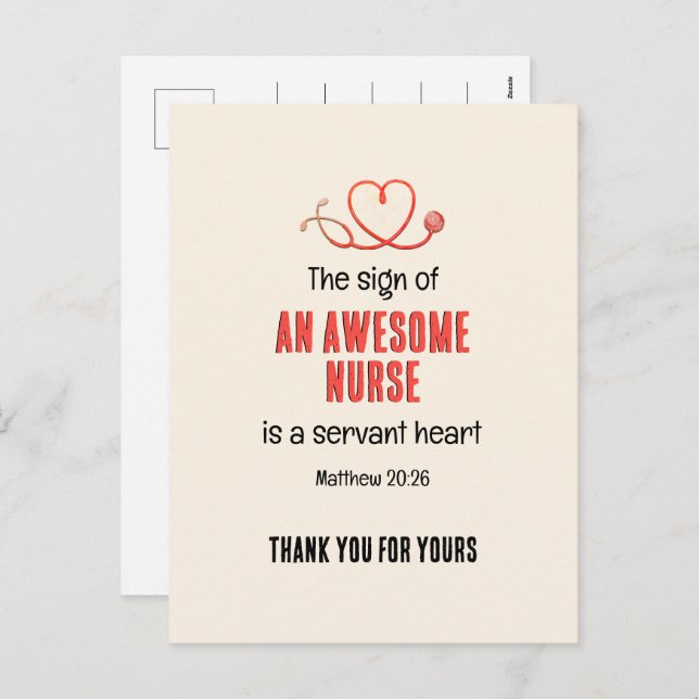 Cartão Postal De Festividades Christian AWESOME NURSE SERVANT HEART Obrigado (Frente/Verso)