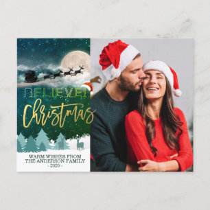 Cartão Postal De Festividades Christmas BELIEVE Reindeer Sleigh Santa Hat Foto