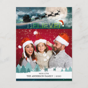 Cartão Postal De Festividades Christmas BELIEVE Reindeer Sleigh Santa Hat Foto