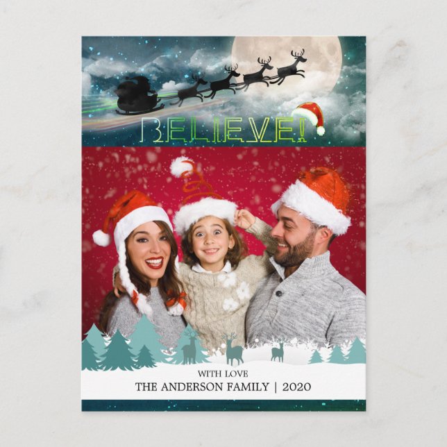Cartão Postal De Festividades Christmas BELIEVE Reindeer Sleigh Santa Hat Foto (Frente)
