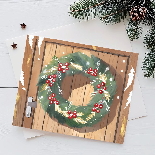 Cartão Postal De Festividades Christmas Berry Wreath | Feliz Russo da Aquarela (Criador carregado)
