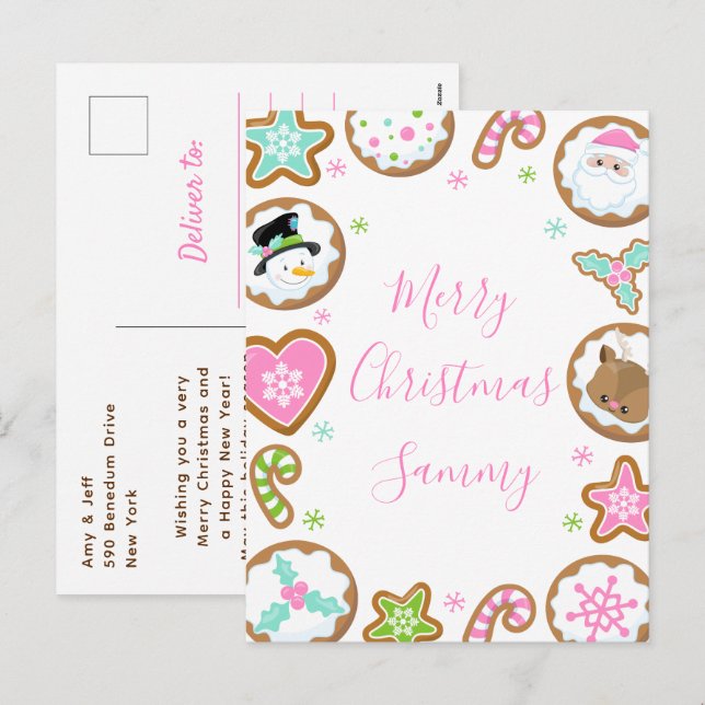 Cartão Postal De Festividades Christmas Cookies Pink and Green Merry Christmas (Frente/Verso)