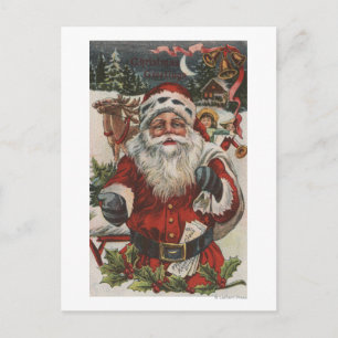 Cartão Postal De Festividades Christmas GreetingSanta with Deer and Kids