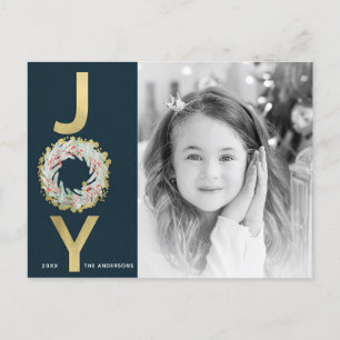 Cartão Postal De Festividades CHRISTMAS JOY Wreath Gold Foil Moderna Foto