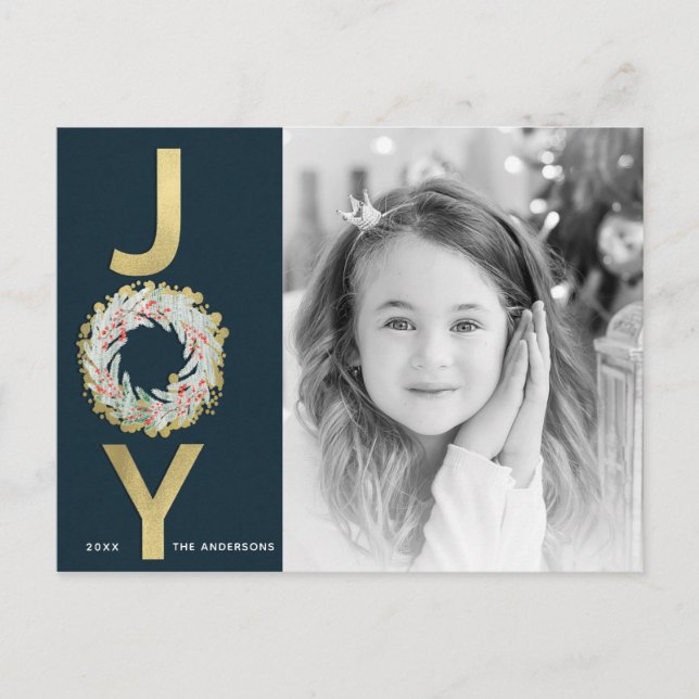Cartão Postal De Festividades CHRISTMAS JOY Wreath Gold Foil Moderna Foto (Frente)