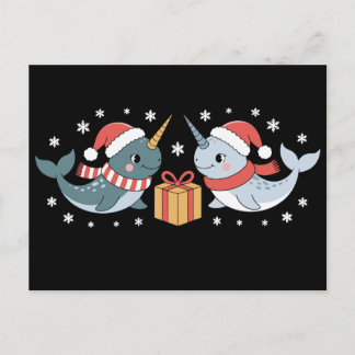 Cartão Postal De Festividades Christmas Narwhal Santa Hat Scarf Snowflakes Xmas