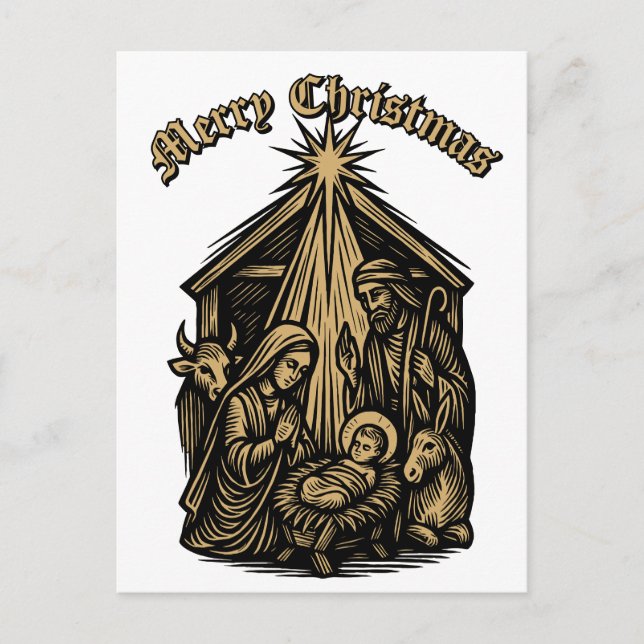 Cartão Postal De Festividades Christmas Nativity Retro Medieval Woodcut (Frente)