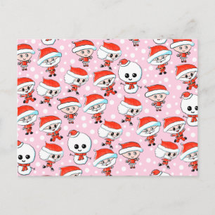 Cartão Postal De Festividades Christmas Pattern Santa and Snowman on Pink.