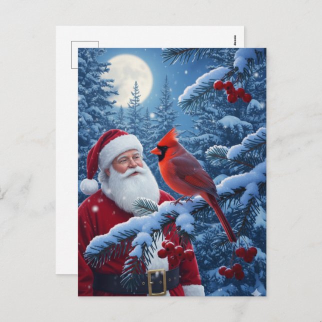 Cartão Postal De Festividades Christmas Santa Claus with Cardinal in Snowy Tree (Frente/Verso)
