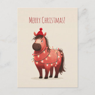 Cartão Postal De Festividades Chubby red and dark brown pony wrapped in lights