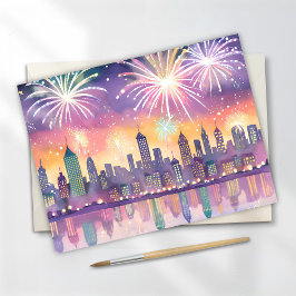 Cartão Postal De Festividades Cidade Colorida de Fogos de Artifício Aquarela | L
