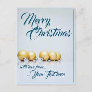 Cartão Postal De Festividades Cinco bolas de Natal douradas - escrita azul