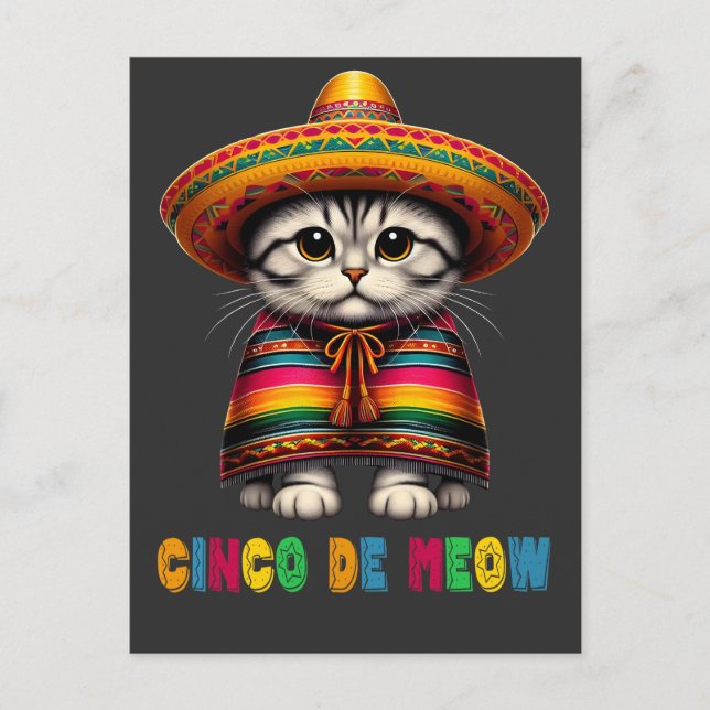 Cartão Postal De Festividades Cinco De Mayo Engraçado Gato Mexicano Sombrero Meo (Frente)