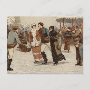 Cartão Postal De Festividades Circa 1899: Patinadores de gelo no Natal