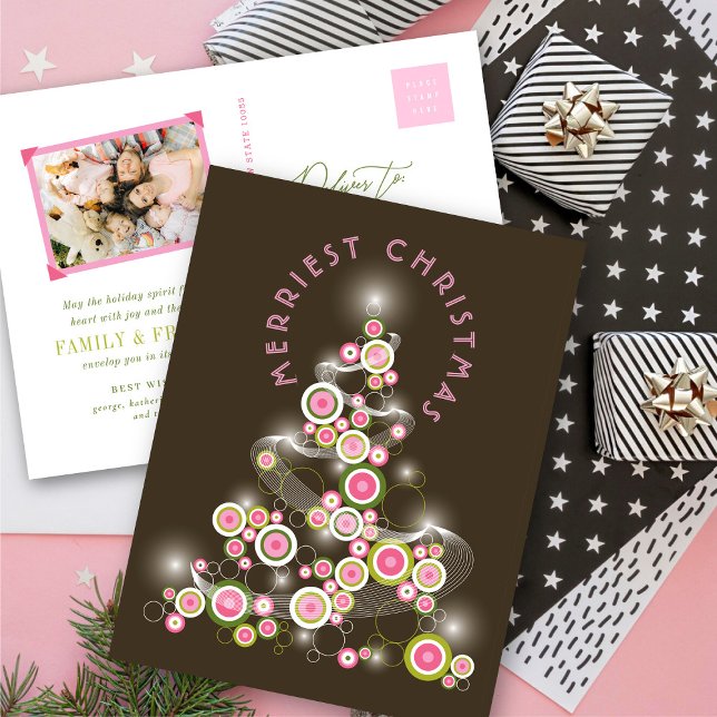 Cartão Postal De Festividades Círculos de Mod Rosa Brilhando Árvore de Natal Abs (Pink Mod Circles Glowing Abstract Christmas Tree Holiday Postcard @ fat_fa_tin)