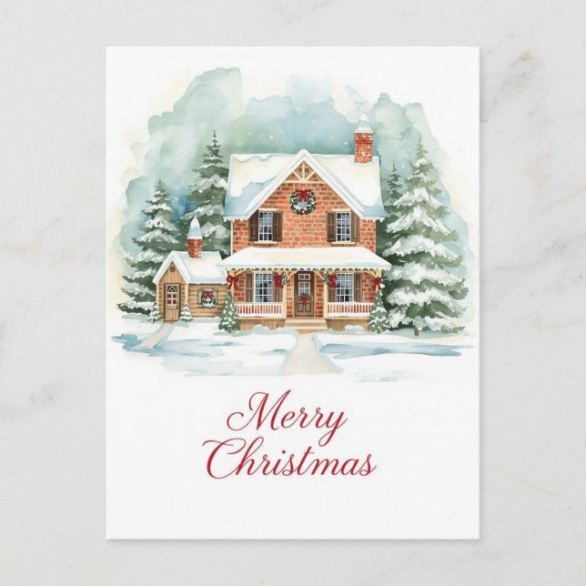 Cartão Postal De Festividades Classic Brick Home in Snowy Christmas Setting (Frente)