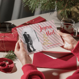 Cartão Postal De Festividades Clássico Joyeux Noel Listras Verdes Vermelhas Nata