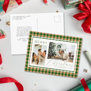 Cartão Postal De Festividades Clássico Natal Verde e Bege Xadrez Duas Fotos