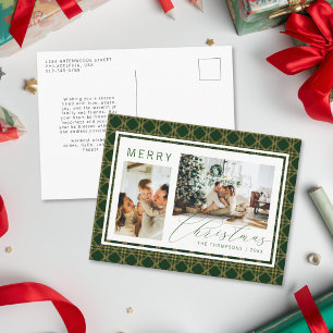Cartão Postal De Festividades Clássico Natal Verde e Xadrez Dourado Duas Fotos