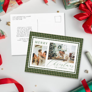 Cartão Postal De Festividades Clássico Natal Verde Xadrez Gingham Duas Fotos