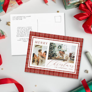 Cartão Postal De Festividades Clássico Natal Vermelho Xadrez Gingham Duas Fotos