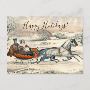 Cartão Postal De Festividades Clássico Passeio de Trenó Currier Ives Estrada Inv