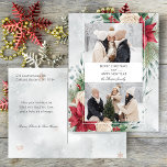 Cartão Postal De Festividades Clássico Winter Botanical Two Photo<br><div class="desc">Este design clássico e tradicional apresenta dois modelos de fotos com elemento de vazio central para sua personalização em um plano de fundo de poinsetos estilo aquarela,  rosas brancas e pino em um fundo de cinza névoa.</div>