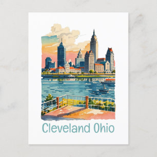 Cartão Postal De Festividades Cleveland Ohio Watercolor Skyline