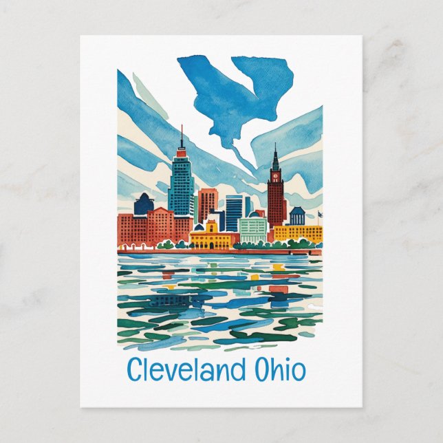 Cartão Postal De Festividades Cleveland Ohio Watercolor Skyline (Frente)