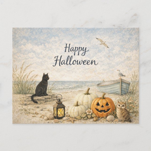 Cartão Postal De Festividades Coastal Black Cat Rowboat Halloween (Frente)