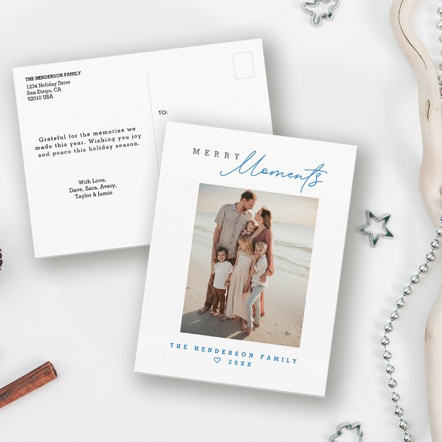 Cartão Postal De Festividades Coastal Family Beach vacation Custom Holiday Photo (Modern, minimal, blue Merry moments coastal vibe beach holiday christmas family photo card)