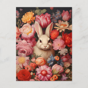 Cartão Postal De Festividades Coelhinho Caprichoso de Flores de Primavera Vintag