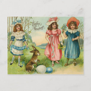 Cartão Postal De Festividades Coelhinho da Páscoa de Crianças Vitorianas Ovo Col