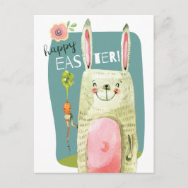 Cartão Postal De Festividades Coelhinho de aquarela, com Felz pascoa de cenoura