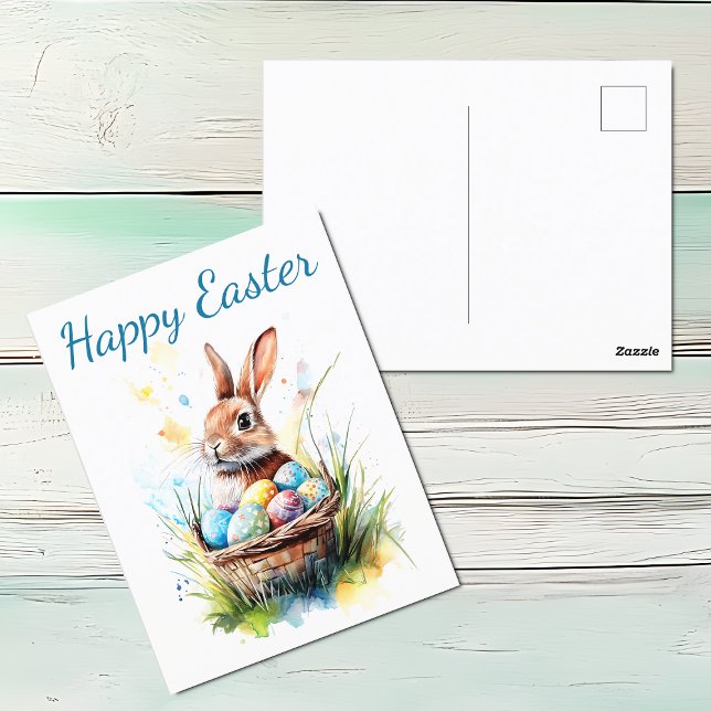 Cartão Postal De Festividades Coelhinho de Aquarela e Páscoa (Watercolor Happy Easter Postcard featuring bunny, Easter basket full of Easter eggs. )