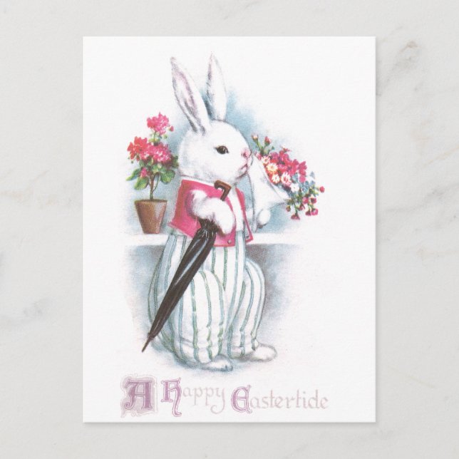 Cartão Postal De Festividades Coelhinho de Páscoa com Buquê de Flores Rosa (Frente)
