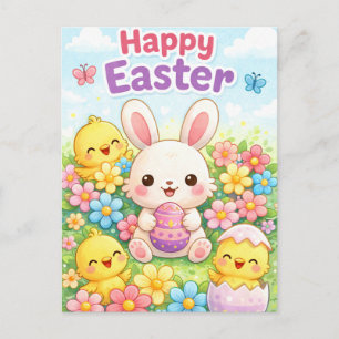 Cartão Postal De Festividades Coelhinho de Páscoa Fofo & Pintinhos   Feliz Pásco