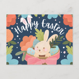 Cartão Postal De Festividades Coelhinho Fofo em Cesta de Presente “Feliz Páscoa”
