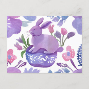 Cartão Postal De Festividades Coelhinho Roxo com Flores de Mola