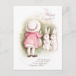 Cartão Postal De Festividades Coelhinhos da Páscoa brancos alegres e menina no