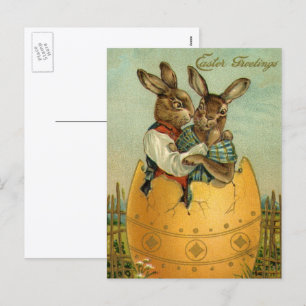 Cartão Postal De Festividades Coelhinhos em um Ovo de Ouro, Páscoa Vitoriana Vin