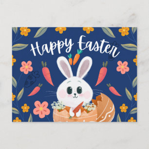 Cartão Postal De Festividades Coelho Adorável no Ovo “Feliz Páscoa” Primavera
