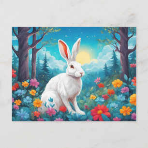 Cartão Postal De Festividades Coelho Branco com Flores da Floresta Natureza 