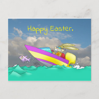 Cartão Postal De Festividades Coelho da Páscoa, em um barco de corrida.
