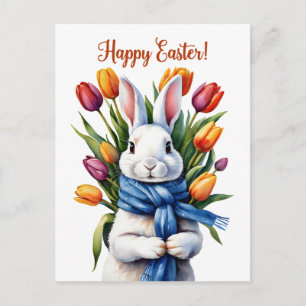 Cartão Postal De Festividades Coelho da Páscoa Feliz e Flores de Tulipa