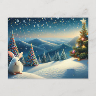 Cartão Postal De Festividades Coelho de Natal com Árvore de Natal Decorada