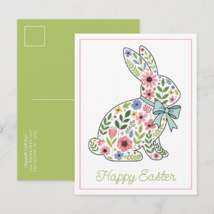Cartão Postal De Festividades Coelho de Páscoa de Flores Silvestres Rosa e Azul