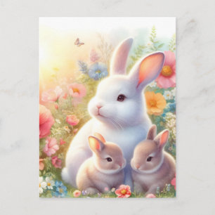 Cartão Postal De Festividades Coelho de Páscoa de Primavera Família Jardim Flora