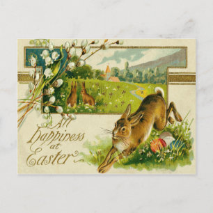Cartão Postal De Festividades Coelho de Páscoa Ovo Colorido Igreja