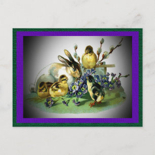 Cartão Postal De Festividades Coelho de Páscoa, Pintinhos e flores para bebês, Z